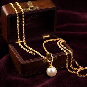 Gold Pearl Pendant Necklace Rope Chain Classic Pearl Jewelry June Birthstone